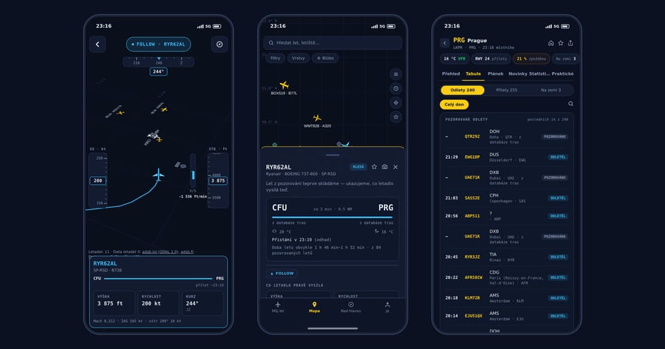Three screens of the map.flights app: following a flight, the live map and an airport board
