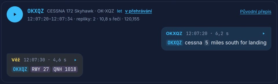 Le même échange, l’immatriculation épelée repliée en un seul callsign