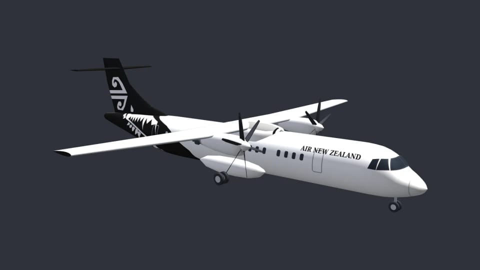 A 3D model of an ATR 72 turboprop in Air New Zealand colours with the black koru tail