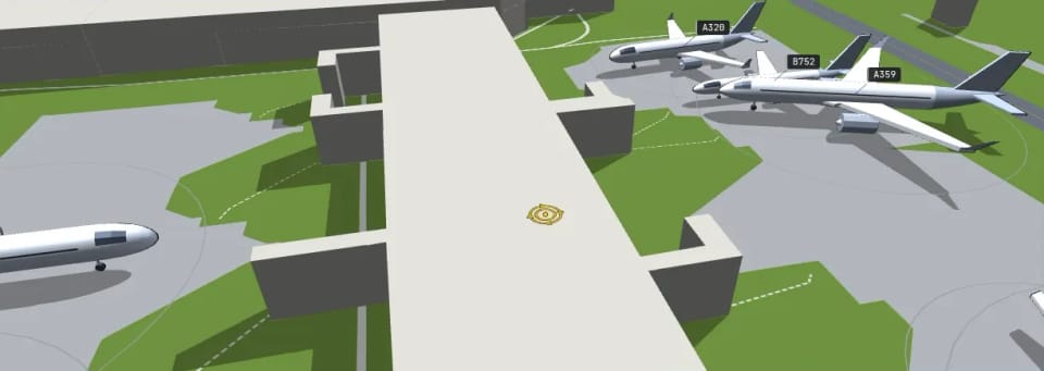 Prague Terminal 2 in 3D with aircraft on the stands and no jet bridges
