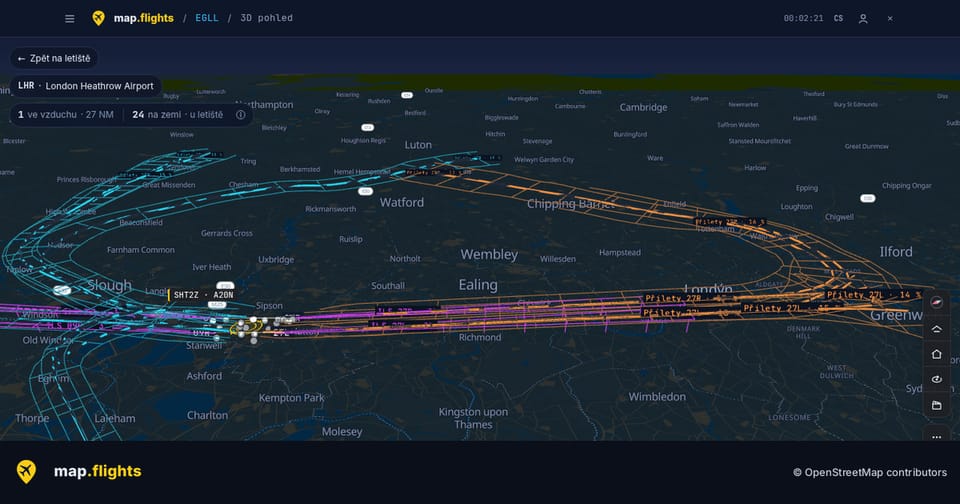 Arrival and departure corridors over London at night