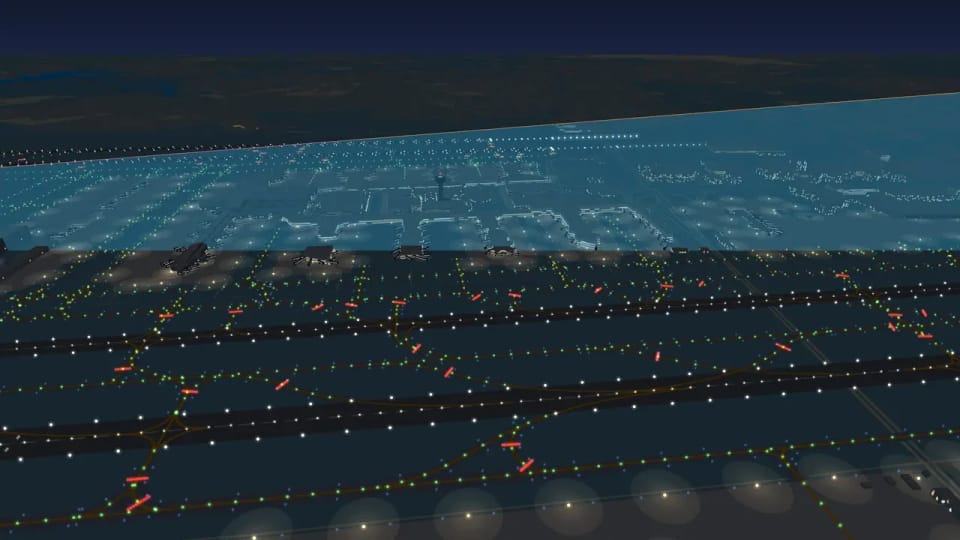 A flight track hanging in the air over Los Angeles at night with a translucent curtain down to the ground
