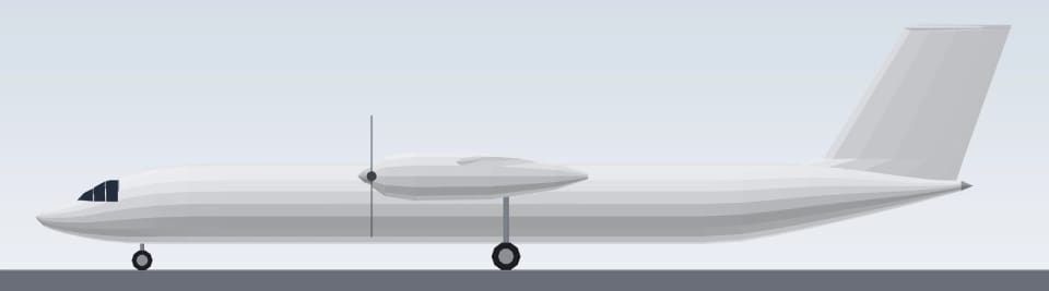Ein Modell der Dash 8-400 von der Seite auf ihrem Fahrwerk, der Propeller vor dem Flügel