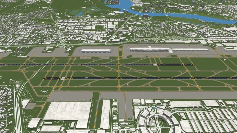 Dubai airport in 3D from above at an angle: two parallel runways with taxiways, terminals and the city behind them, bright green grass everywhere between the runways and around the buildings
