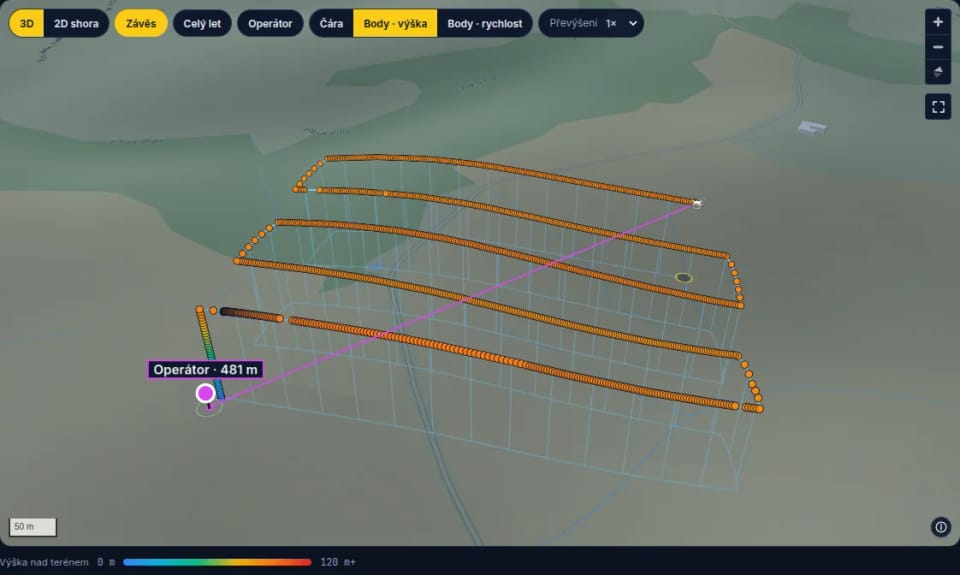 Let mapování ve 3D nakreslený tečkami, rovnoběžné pásy ve stejné výšce oranžově a stoupání od pilota modře až zeleně, se závěsem čar k zemi a stupnicí výšky od 0 do 120 m pod mapou