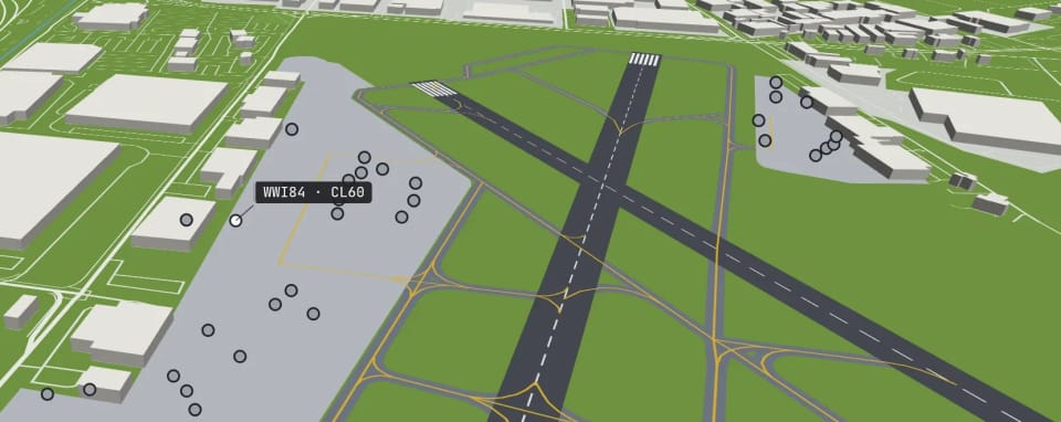 Teterboro airport in 3D with white rings on the stands where parked aircraft have stopped transmitting