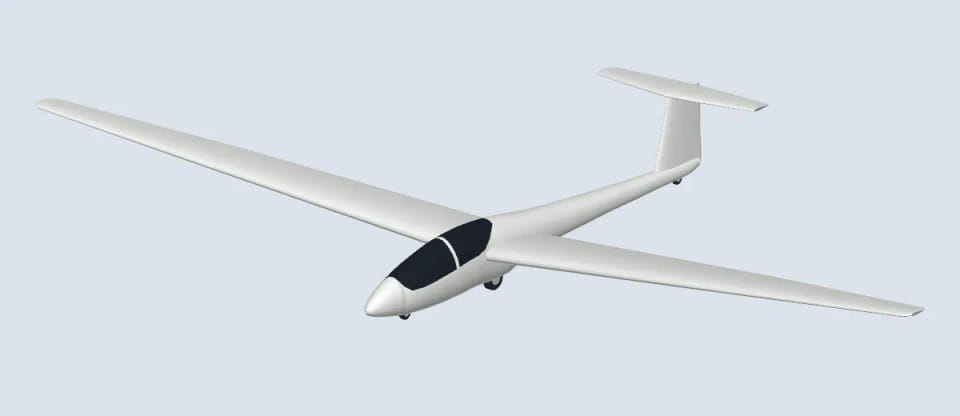 Weißes Modell des Segelflugzeugs ASK 21 mit langen, schlanken Flügeln, doppelsitziger Haube und T-Leitwerk