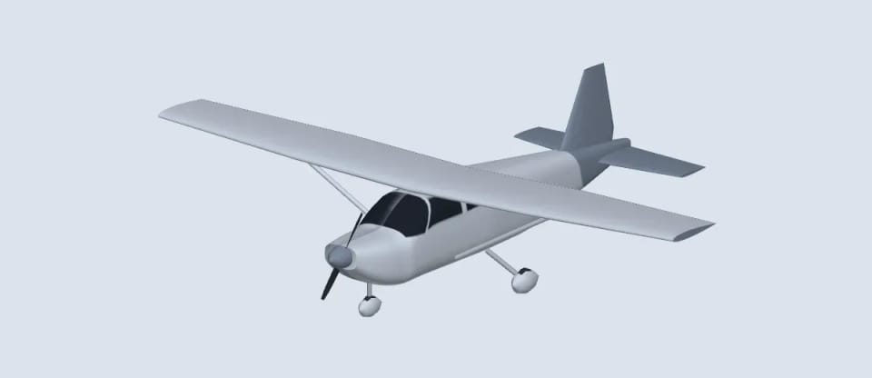 Modell eines allgemeinen Kleinflugzeugs mit Propeller, Flügelstreben und festem Fahrwerk