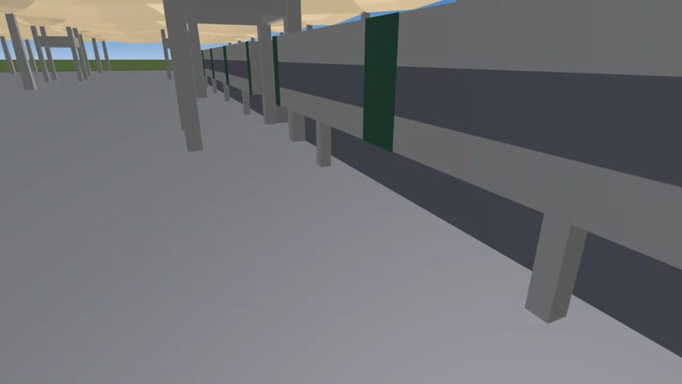 O nosso modelo 3D a partir do mesmo sítio: tecido bege por cima, uma fila de pilares, o edifício com o rés-do-chão recuado, uma faixa de janelas e painéis verdes