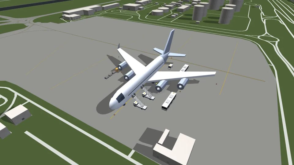 Un A380 in una piazzola remota a Dubai con due scalette, autobus e carrelli bagagli, vista 3D dalla versione di sviluppo