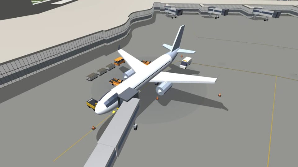 Un aereo a un pontile d’imbarco a Praga con trattore, carrelli bagagli e catering, vista 3D dalla versione di sviluppo