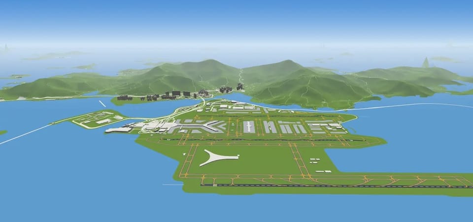Hong Kong airport with Lantau island behind it, 3D view