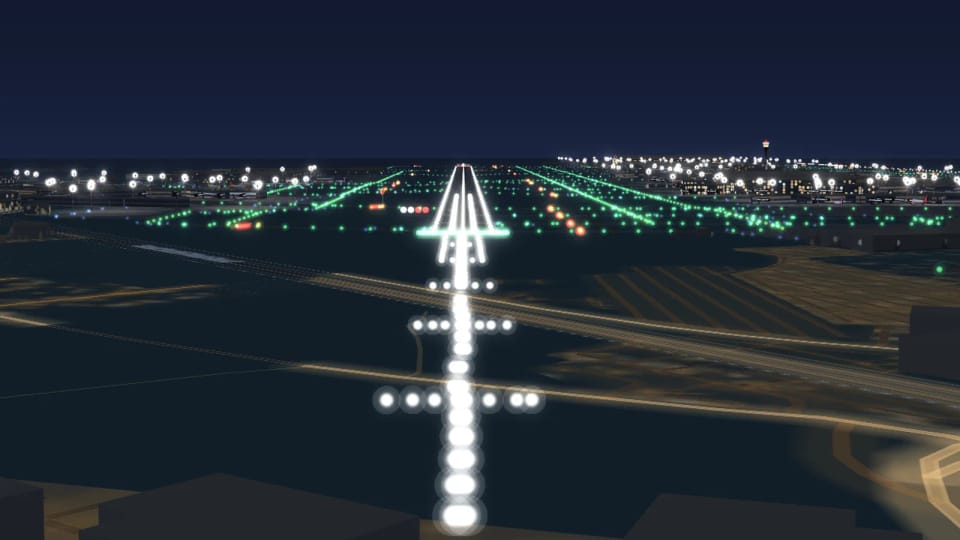 Approach lights of Heathrow’s runway 27L at night in 3D
