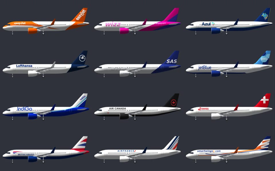 Dwanaście Airbusów A320neo z boku w siatce, każdy w malowaniu innego przewoźnika: easyJet, Wizz Air, Azul, Lufthansa, SAS, JetBlue, IndiGo, Air Canada, Swiss, British Airways, Air France i Smartwings