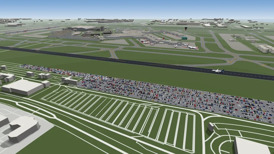 A car park full of cars along the runway at Heathrow, 3D view