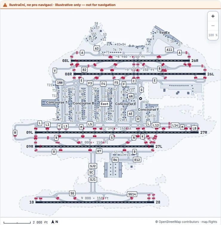 Runway diagram of Atlanta with runways, taxiways and concourses