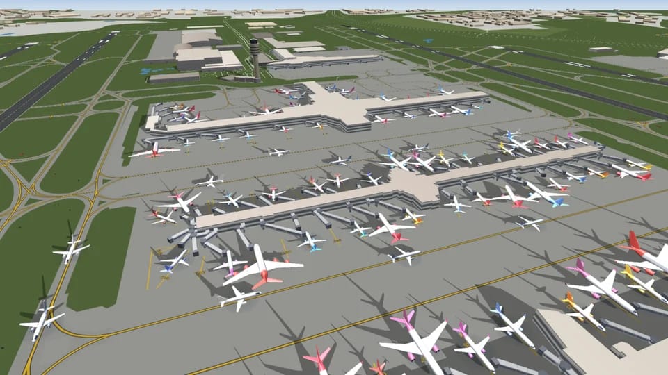 Der Flughafen Atlanta in 3D bei tiefer Sonne, Flugzeuge in ihren Lackierungen werfen lange Schatten über das Vorfeld