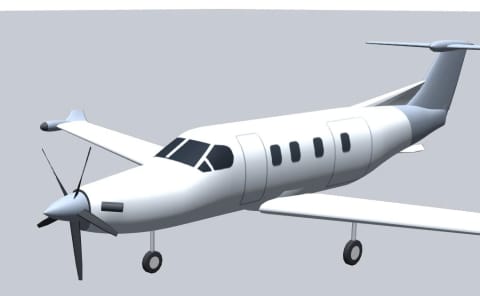 3D-модель Pilatus PC-12 спереди слева, с прямоугольными иллюминаторами кабины, лобовым стеклом из двух частей и пятилопастным винтом