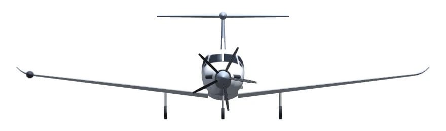 Our PC-12 model from straight ahead with curved winglets and a radar pod on the right wing