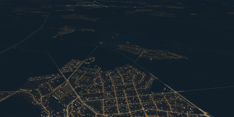 Derselbe Blick auf Buštěhrad: Die Straßen im Ort leuchten weiter, die Straßen über die Felder sind dunkel, am Horizont der Flughafen