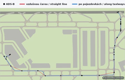 Uma rolagem em Heathrow: posições recebidas como pontos, uma linha reta a vermelho e o percurso pelos caminhos de circulação a azul