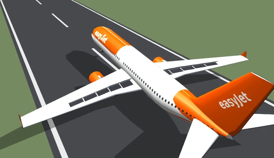 Dasselbe Flugzeug auf der Piste mit fünf aufgestellten Klappen auf jeder Tragfläche