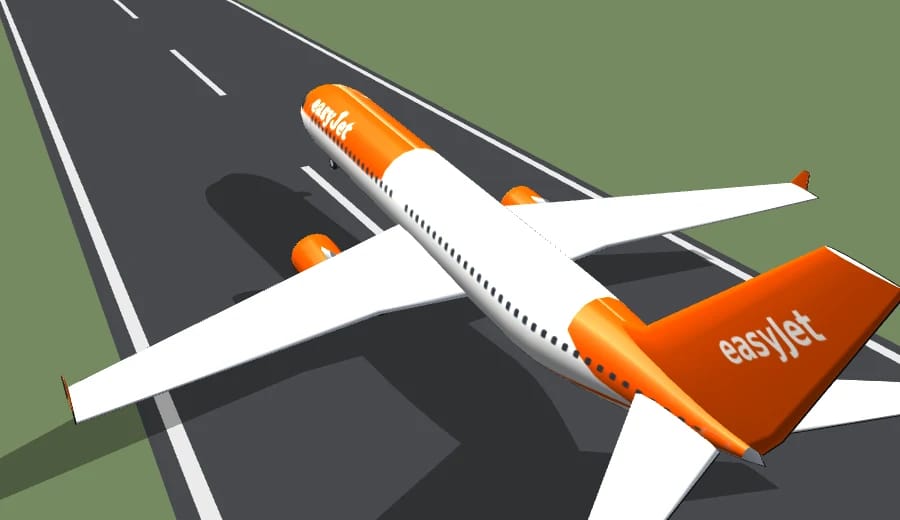 Ein Verkehrsflugzeug in den Farben seiner Airline knapp über der Piste, die Oberseite der Tragflächen glatt