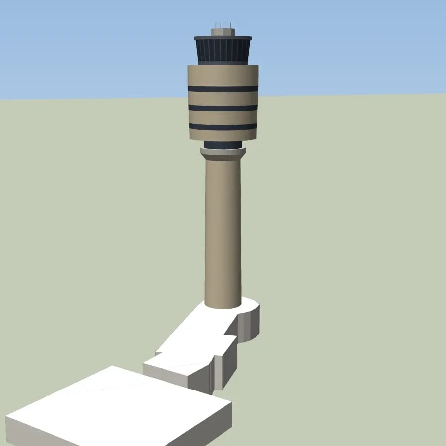 A torre de controlo de Atlanta com o fuste cor de areia, o tambor com três faixas de janelas e a cabine envidraçada escura