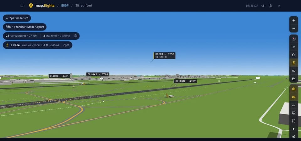 The view from the control tower at Frankfurt over the runways, 3D view