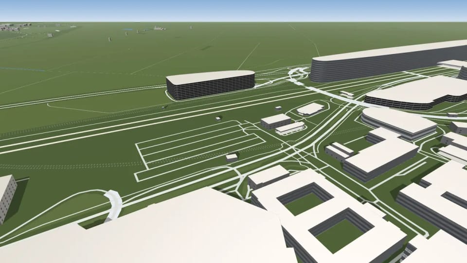 Francoforte in 3D: un parcheggio vuoto con i soli stalli segnati, edifici intorno e dietro una spianata verde e spoglia