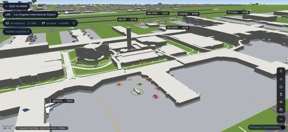 Veículos de aeroporto com anéis coloridos junto a aviões em Los Angeles, vista 3D