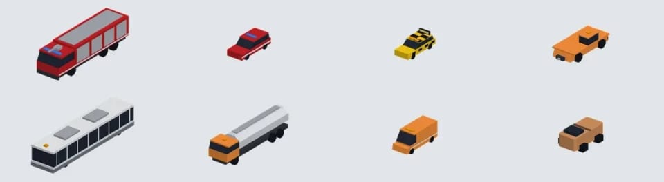Oito modelos de veículos lado a lado à mesma escala: um carro de bombeiros vermelho de seis rodas, um carro de emergência vermelho, um follow-me amarelo com xadrez no tejadilho, um trator baixo cor de laranja, um autocarro de placa branco, um camião-cisterna com depósito prateado, uma carrinha de serviço cor de laranja e um veículo neutro em forma de caixa