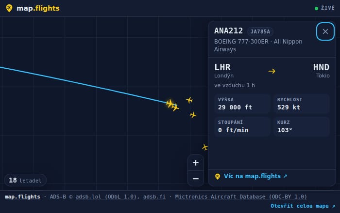 Widget map.flights s mapou a detailem letu otevřeným přímo v něm