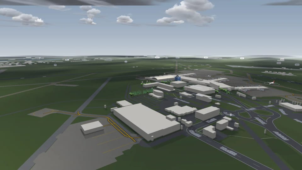 Cumulus clouds over Prague airport in 3D, the camera tilted towards the horizon